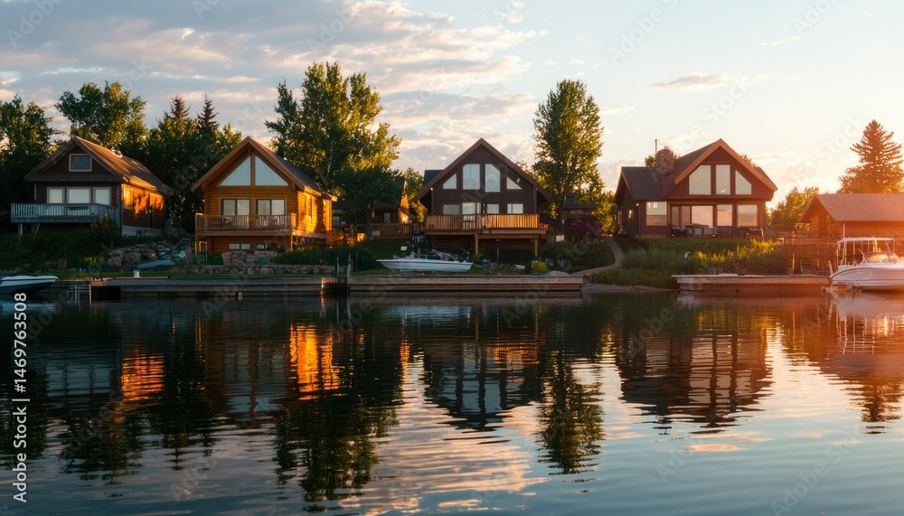 Fototapeta premium Lakeside cabins at sunset
