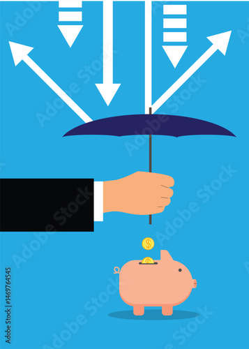 Hand with Umbrella Protecting Piggy Bank with Money from Falling Economy. Business and finances concept vector art