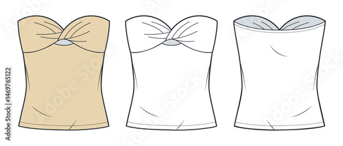 Strapless Twist Front Bustier Top Fashion Flat Sketch. Off Shoulder Top fashion flat technical drawing template, slim fit, front and back view, white, beige, women CAD mockup.