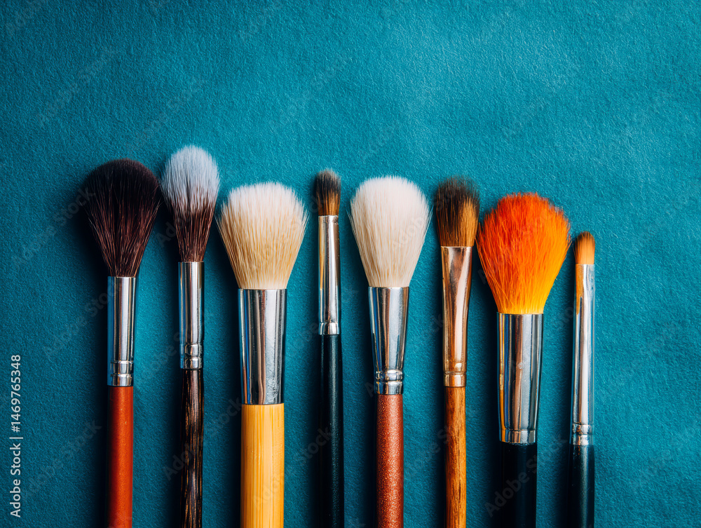 Fototapeta premium Seven Makeup Brushes Arranged in a Row on Teal Background