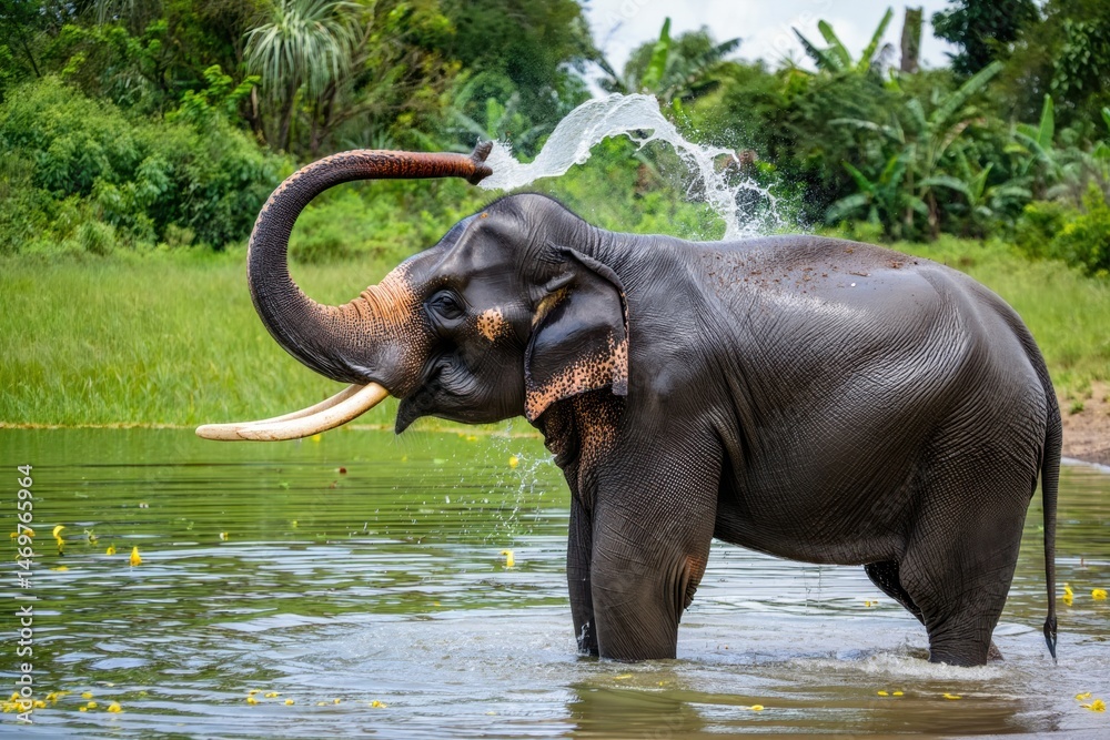 Fototapeta premium Majestic elephant bathing in lush tropical environment