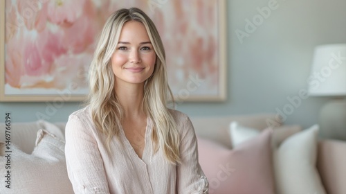 Smiling young woman with long blonde hair sitting on a sofa in a bright and modern living room interior