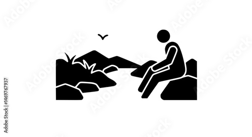 Man sitting on rock, black and white icon.
