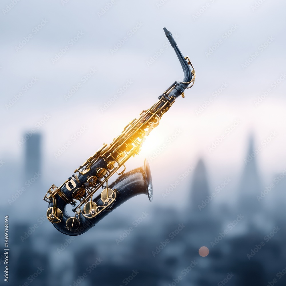 Obraz premium A golden saxophone floats against a blurred city skyline with soft sunlight shining through its body.