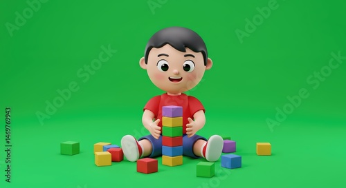 Adorable Child Playing with Colorful Building Blocks on Green Background