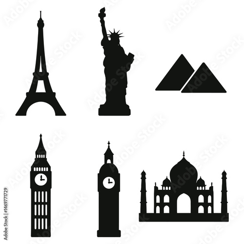 Vector illustration of Paris and London landmarks including the Eiffel Tower, Big Ben, and other iconic monuments in a silhouette style