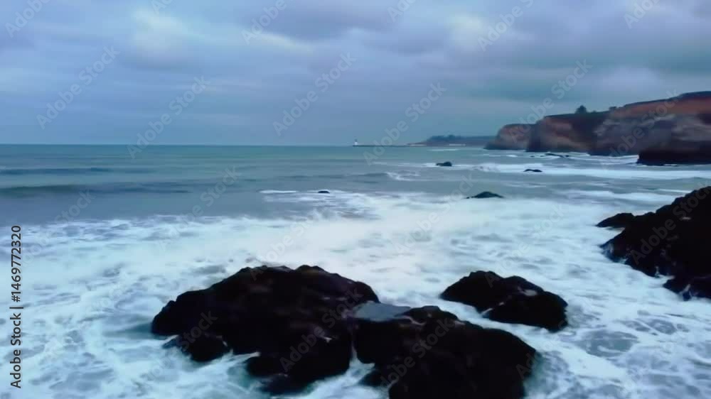 Waves Crashing on Rocky Shoreline on Overcast Day Aerial Waves Crashing on Rocky Shoreline on Overcast Day Aerial