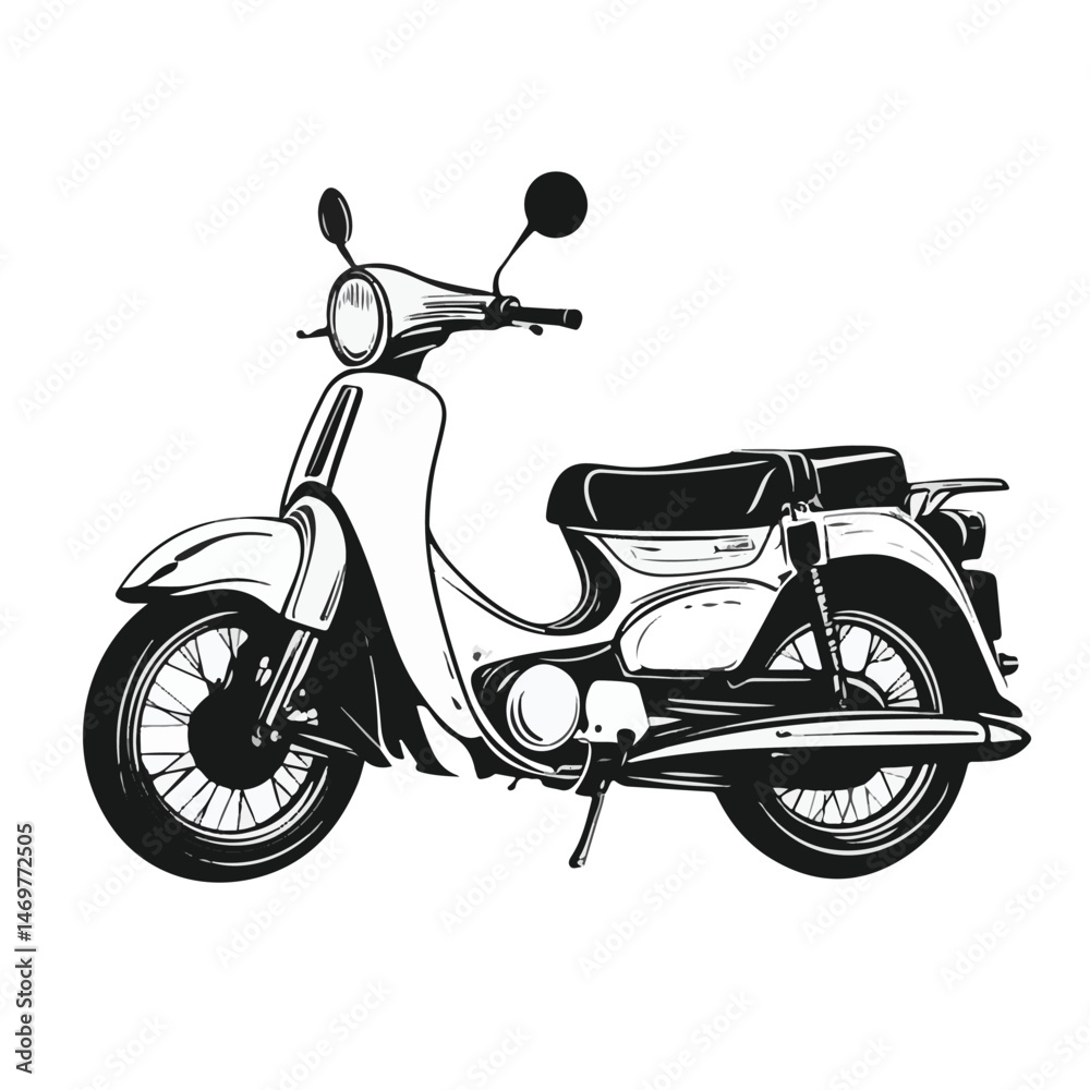 Obraz premium Vector Illustration Of Classic Scooter In Retro Style Black And White Silhouette