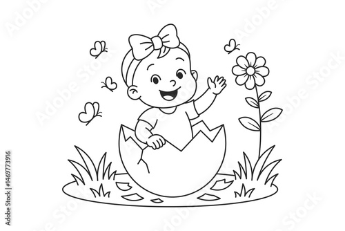 Cute Baby Girl Hatching from Eggshell – Coloring Page Vector