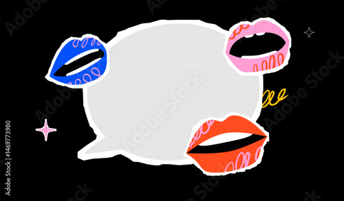A vivid illustration with a giant speech bubble in the middle and colorful lips around. A symbol of communication, expression and transmission of information.