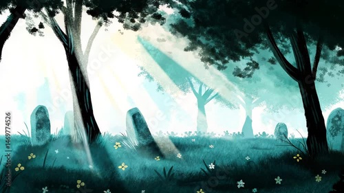 Sunlight streams through dense trees onto an old, peaceful graveyard overgrown with wildflowers.