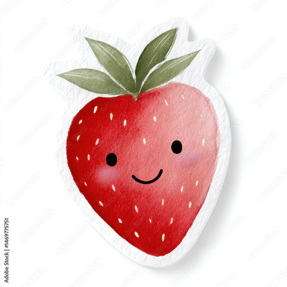 Obraz premium Adorable Cute Strawberry Sticker Design with Happy Face and Green Leaves