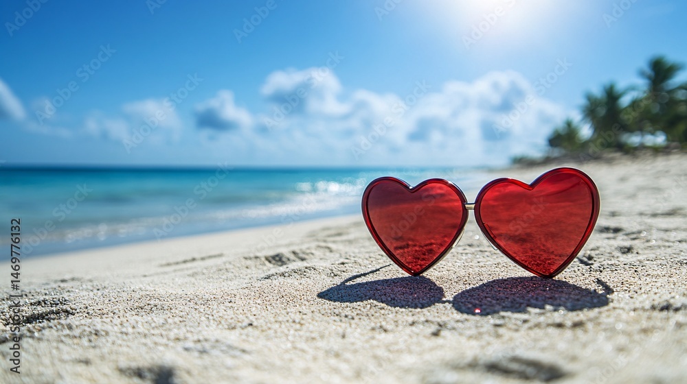 Fototapeta premium Summer Vibes - Heart Shaped Sunglasses on the Sandy Beach Under the Sun
