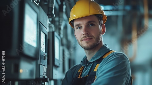 Industrial worker in front of modern machinery.