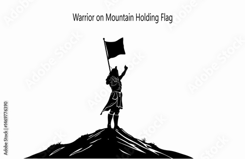 Silhouette of Warrior Holding Flag on Mountain Peak in Triumph