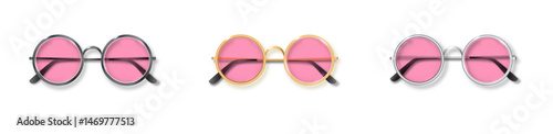 Pink Round Golden, Silver and black frame glasses set isolated, Transparent Sunglasses Accessory. Optics lens vintage Trendy Glasses. Vector
