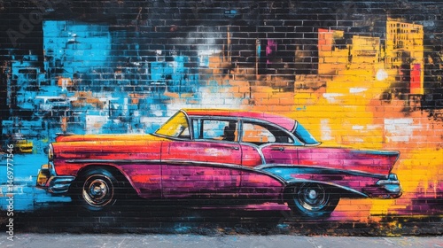 Brightly Colored Vintage Car Mural on Urban Wall with Vibrant City Background in Graffiti Style Art