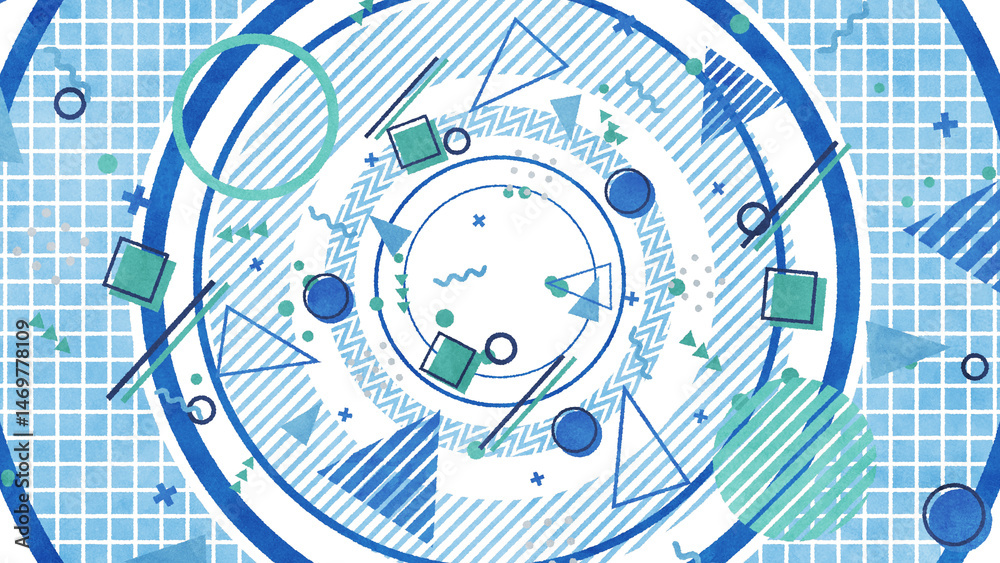 Obraz premium 大きな円の上にメンフィス風の図形や模様が並ぶレトロな平面構成 - ブルー/透過背景