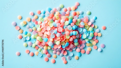 Colorful pastel candy sprinkles arranged on a light blue background for decorative purposes and design elements