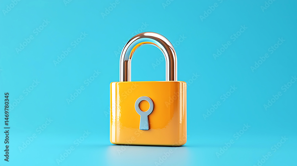 Yellow lock with silver shackle on blue background, symbolizing security and protection in bright setting Yellow lock with silver shackle on blue background, symbolizing security and protection in bright setting