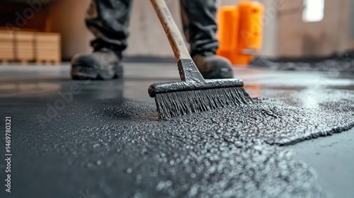 Worker applying sealant to a concrete floor using a broom.  Detailed view of the process photo