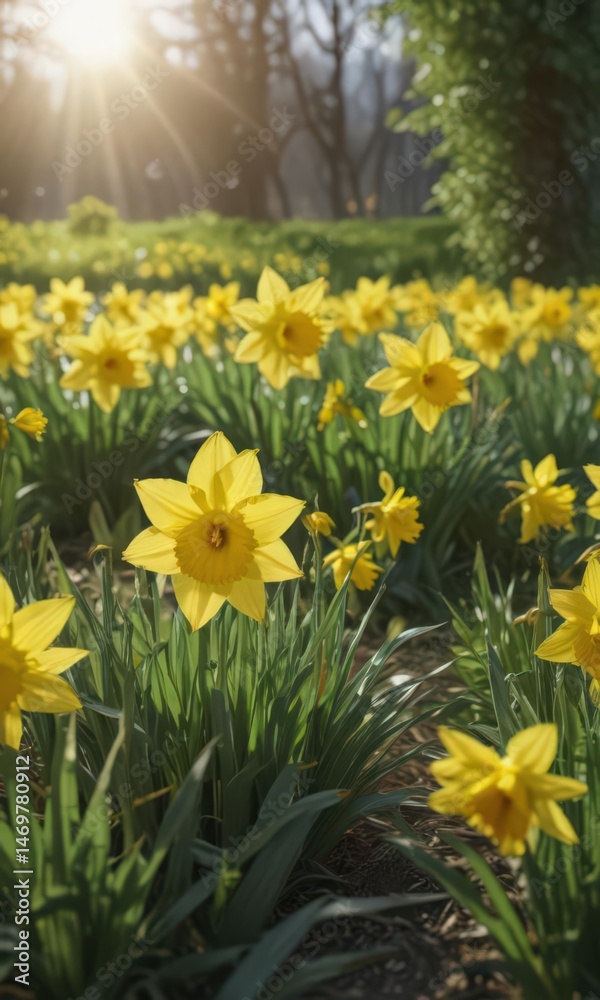Fototapeta premium Bright yellow daffodils in a verdant field bathed in sunlight , sunshine, flowers