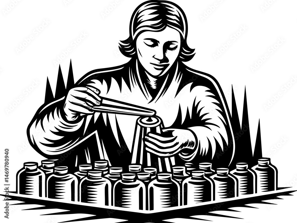 SVG vector of chemical handling in a laboratory with chemistry elements. Craftsperson Working with Bottles in Black and White Illustration
