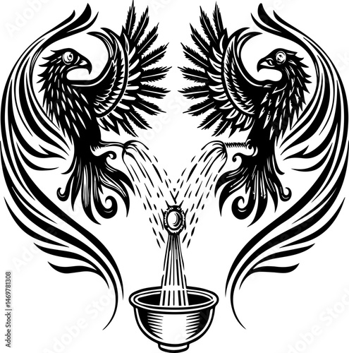 SVG vector of chemical handling in a laboratory with chemistry elements. Black and White Illustration of Two Eagles and Water Fountain