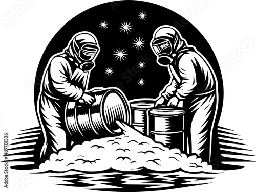SVG vector of chemical handling in a laboratory with chemistry elements. Workers in Hazmat Suits Handling Chemicals Under Starry Sky