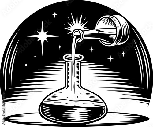 SVG vector of chemical handling in a laboratory with chemistry elements. Vintage Style Laboratory Flask with Liquid and Stars Background