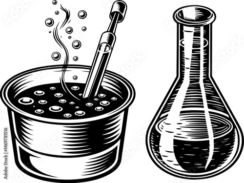 SVG vector of chemical handling in a laboratory with chemistry elements. Laboratory Beakers with Bubbles and Vapor in Black and White Style