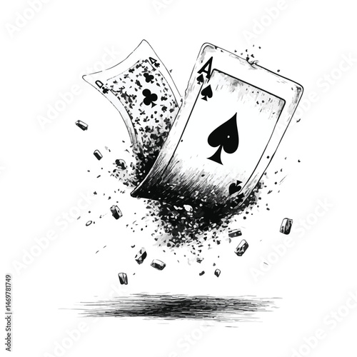 Ink Sketch Illustration Of Falling Ace Of Spades And Queen Of Clubs