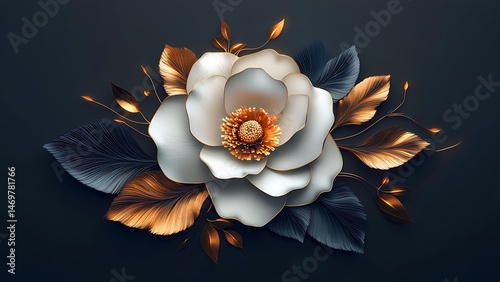 Luxurious floral arrangement featuring white and gold petals with dark blue and golden leaves
