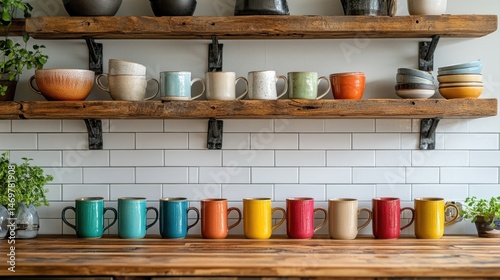 Colorful ceramic mugs on rustic wooden shelves with greenery and minimalist kitchen decor in contemporary style