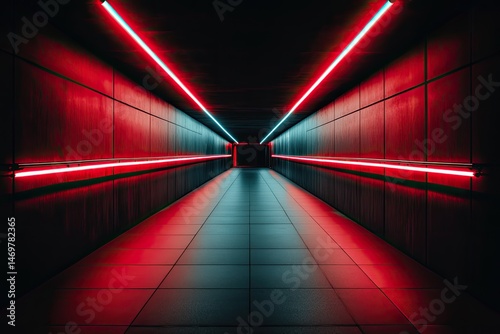 Neon tunnel corridor, futuristic photo