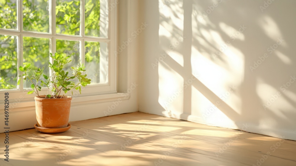 Sunlight Illuminates Potted Plant By Window Sunlight Illuminates Potted Plant By Window