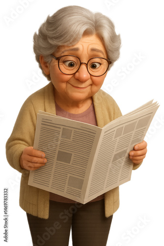 Elderly woman reading a newspaper with a smile  