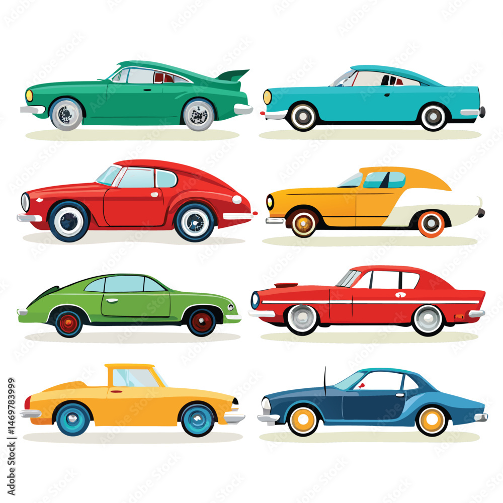 Fototapeta premium Nine classic Car arranged on a white background.