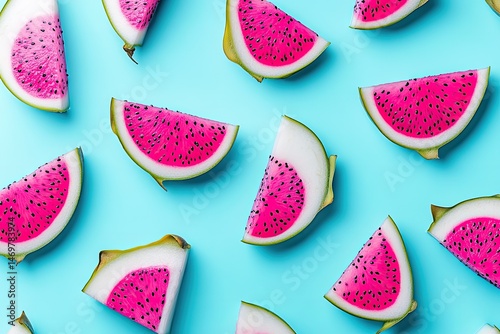 Pink watermelon slices arranged on a light blue background photo