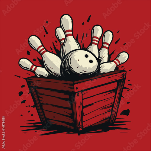 Vector Illustration Of Bowling Pins In Wooden Box On Red Background