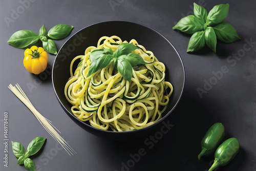 Zucchini and Basil Pasta in a Dark Bowl