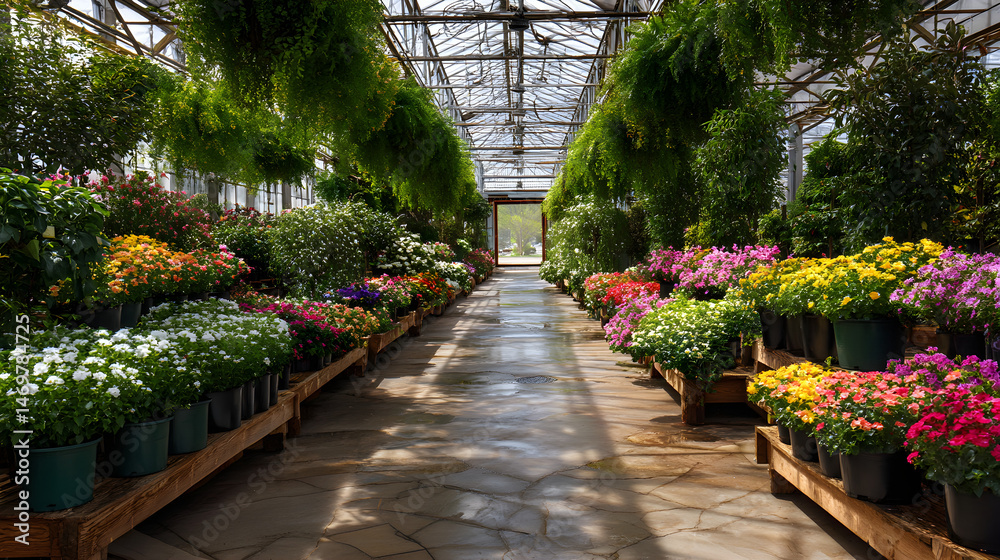 Fototapeta premium Indoor greenhouse with organized rows of blooming potted plants