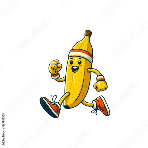 Funny vector flat illustration of a banana with arms and legs jogging in running shoes