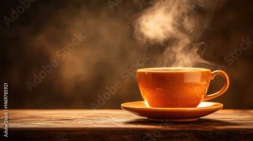 Hot cup of coffee with steam rising against a blurred warm background on rustic wooden table