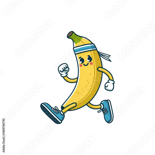 Funny vector flat illustration of a banana with arms and legs jogging in running shoes