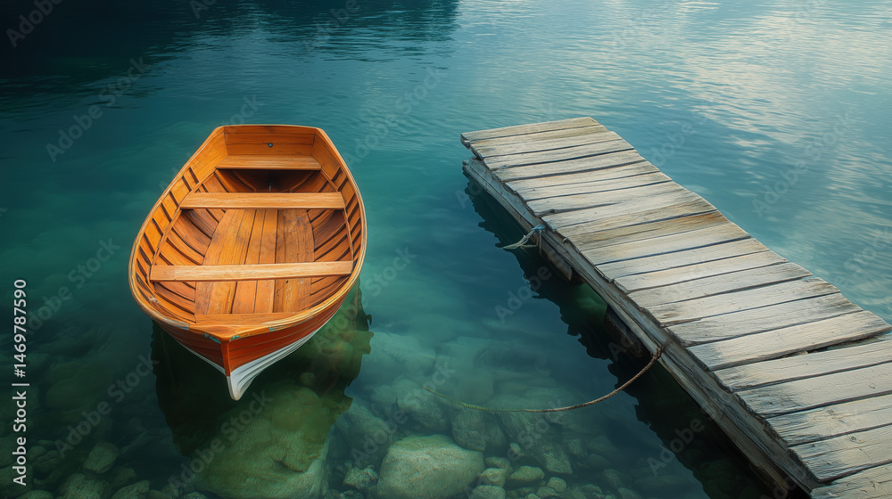 Obraz premium a wooden boat tied to a rustic dock on a serene sea