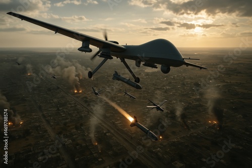 Aerial drone launching missiles or deploying smaller drones from a high altitude