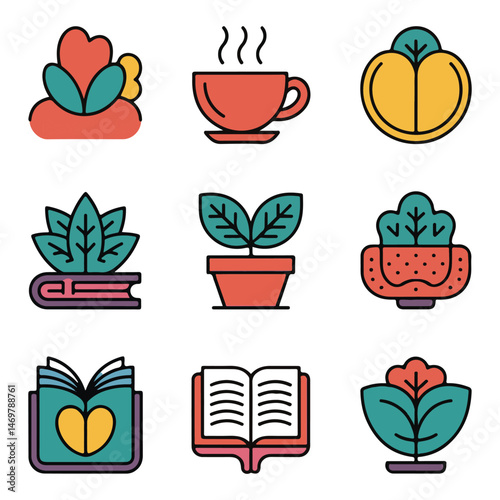 Cozy Reads and Blooming Ideas icons set
