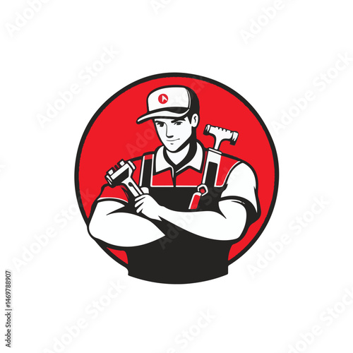 Confident Tradesman With Hand Tools And Red Circle Background Vector Illustration