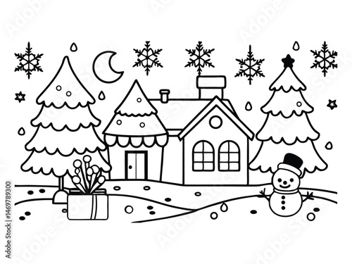 Christmas house in a winter landscape, falling snow, a snowman, and a cute reindeer. A detailed coloring page for kids or adults